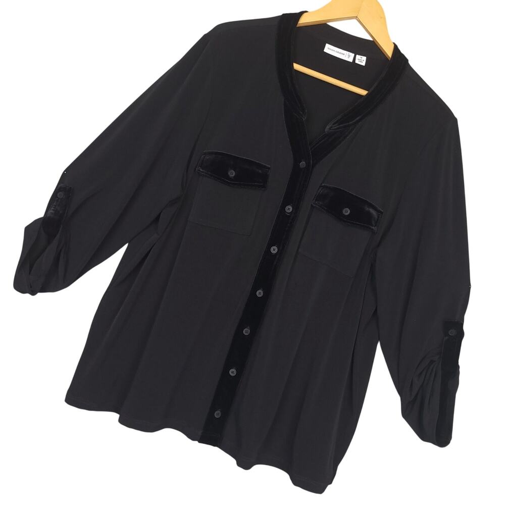 Susan Graver Women's Liquid Knit Velvet Trim Button-Up Shirt Top 1X Y-Neck Black
